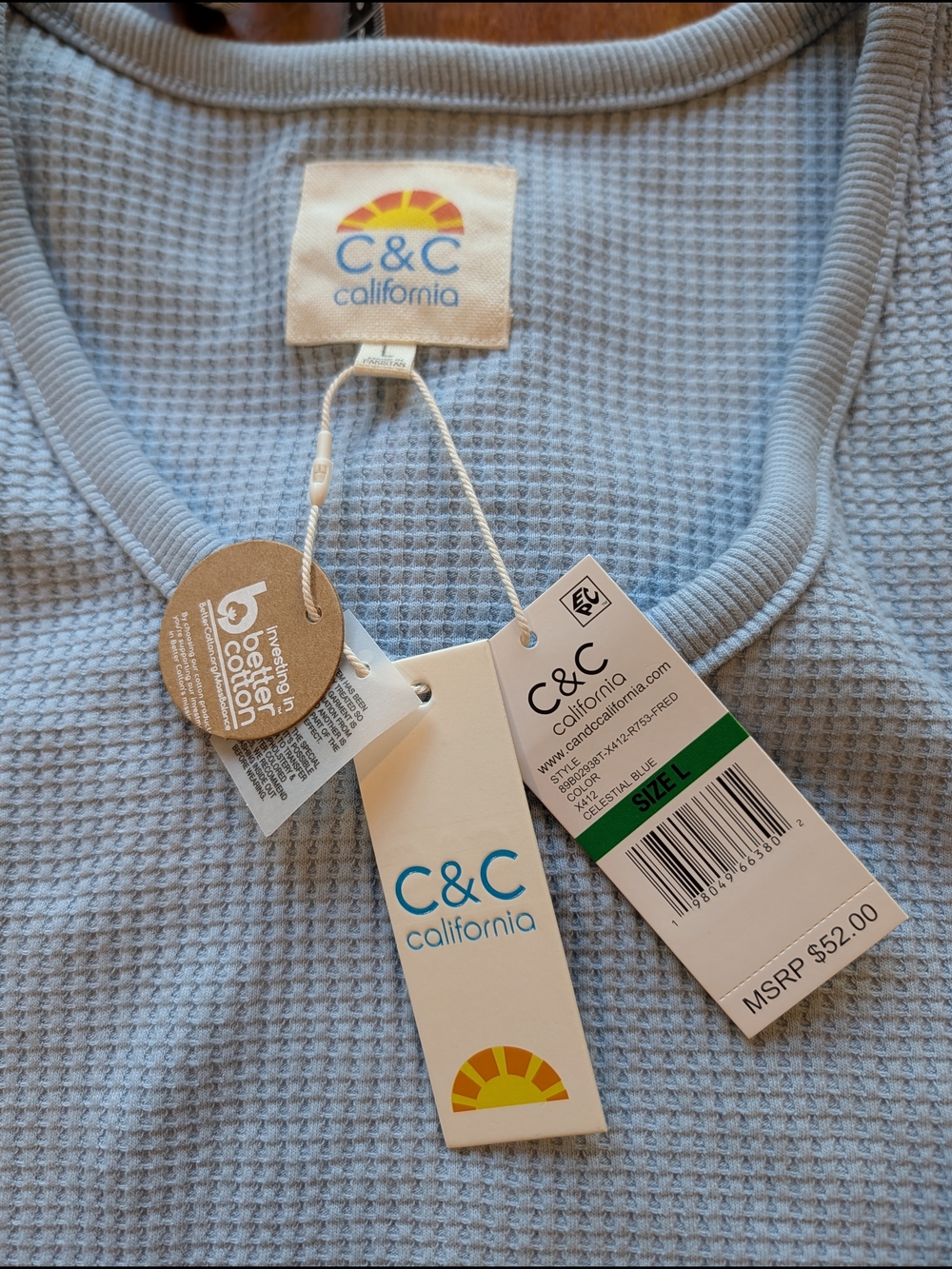 C&C California Pale Blue Waffle V-Neck Long Sleeve Top - Picture 4 of 13